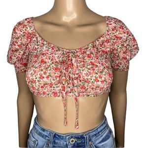 Pink Floral Crew Neck Short Sleeve Ruched Cropped Top Blouse